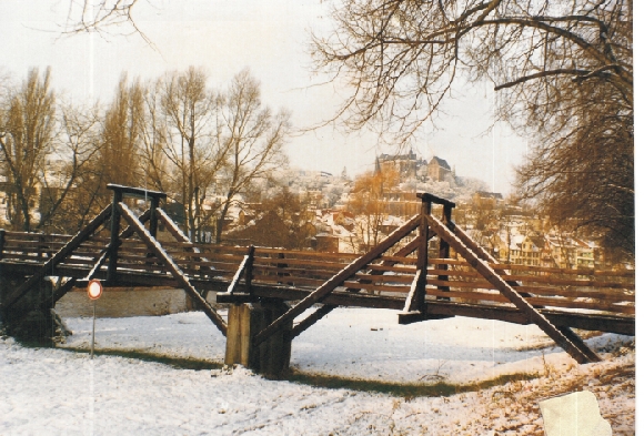 Steg mit Sicht auf das Schloss im Winter